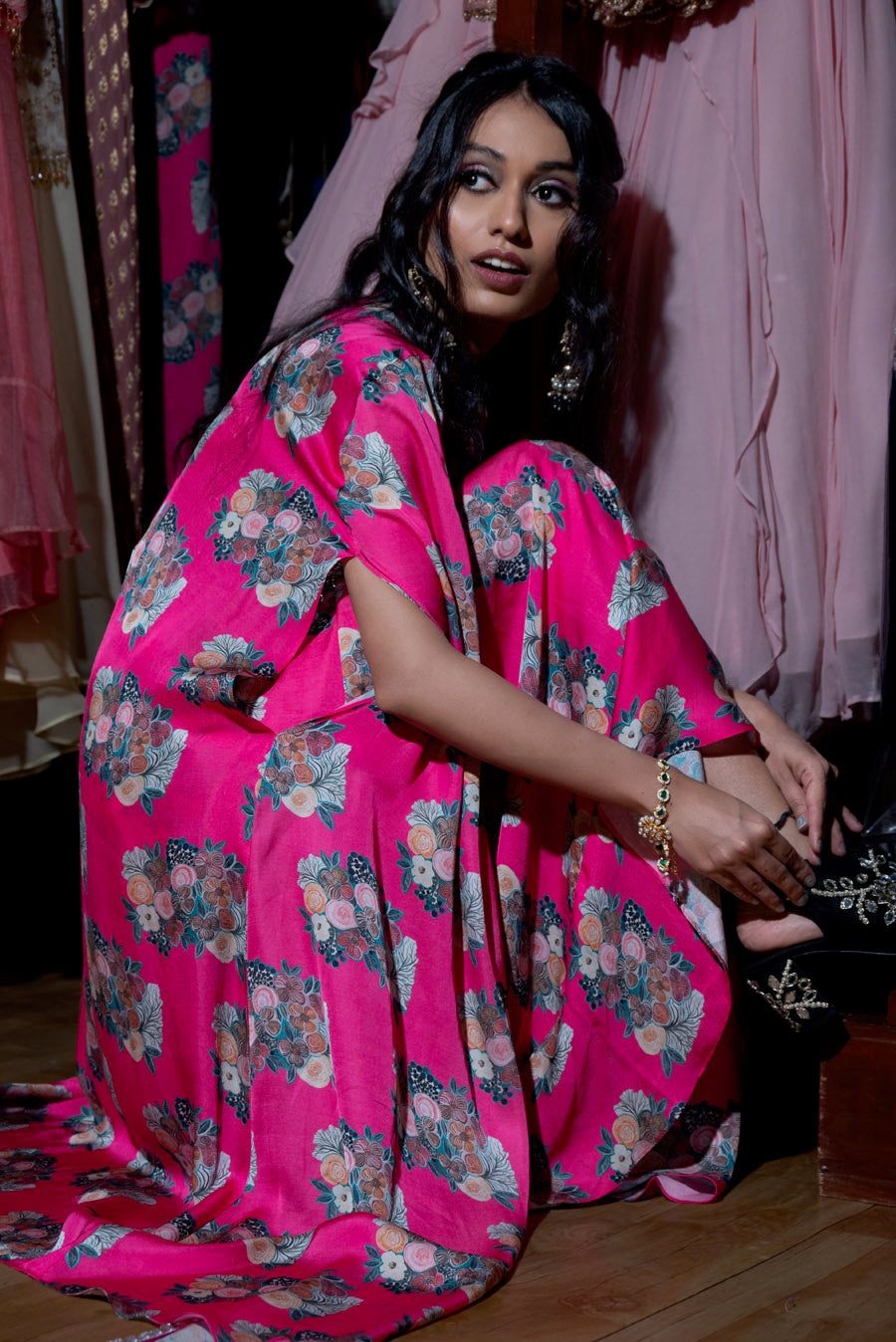Fuchsia Pink Floral Draped Skirt and Cape Set image 4