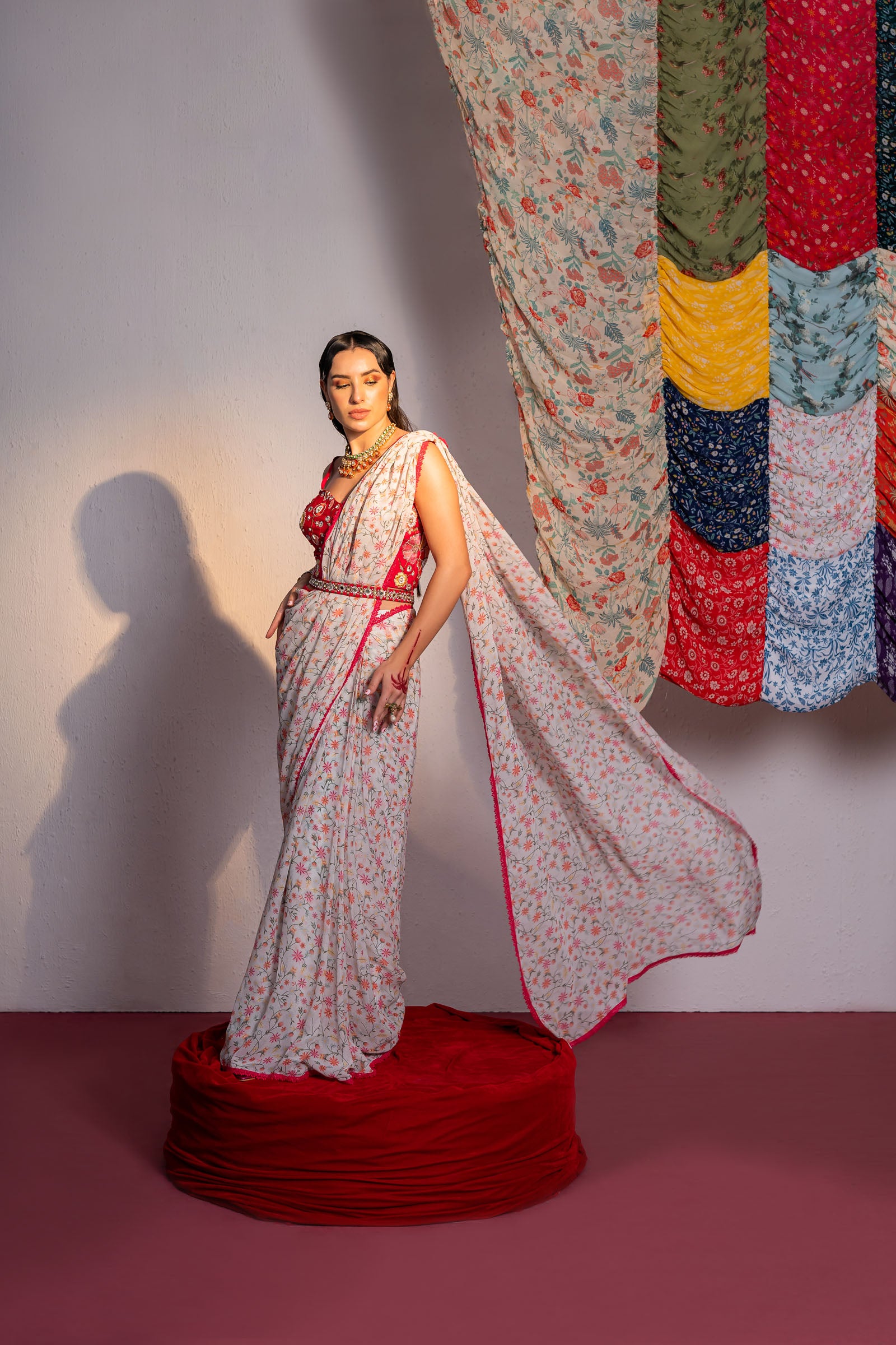 Ivory Printed And Embroidered Drape Saree Set image 5