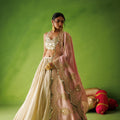 Beige Tissue Crushed Lehenga Set With Pink Dupatta