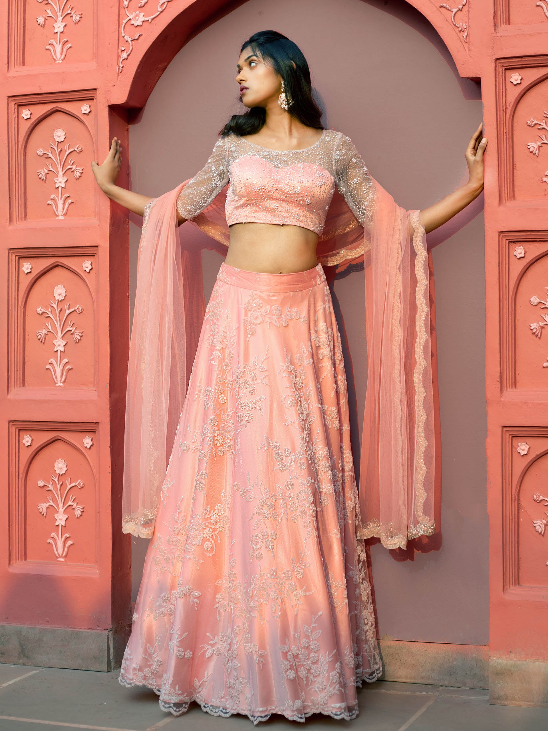 Peach Floral Bead Lehenga Set image 2