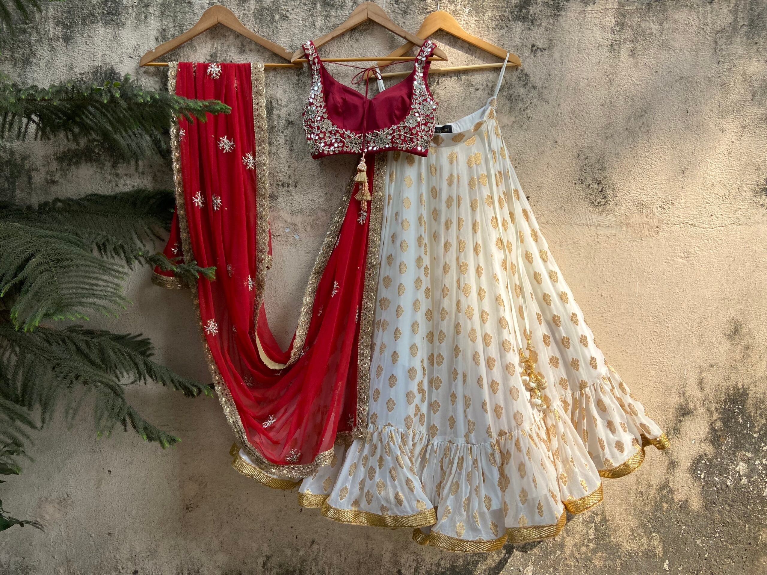 Ivory and Red Ruffle Lehenga Set image 4