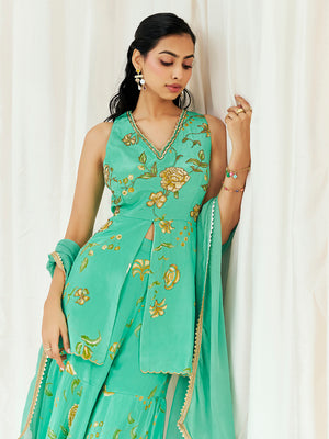Turquoise Blue Printed Embroidered Sharara Suit Set image 5