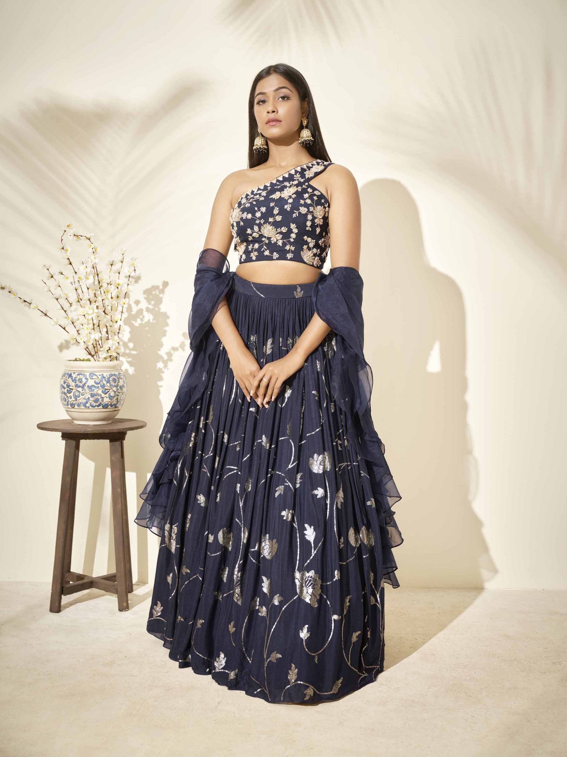 Navy Blue Floral Lehenga - M image