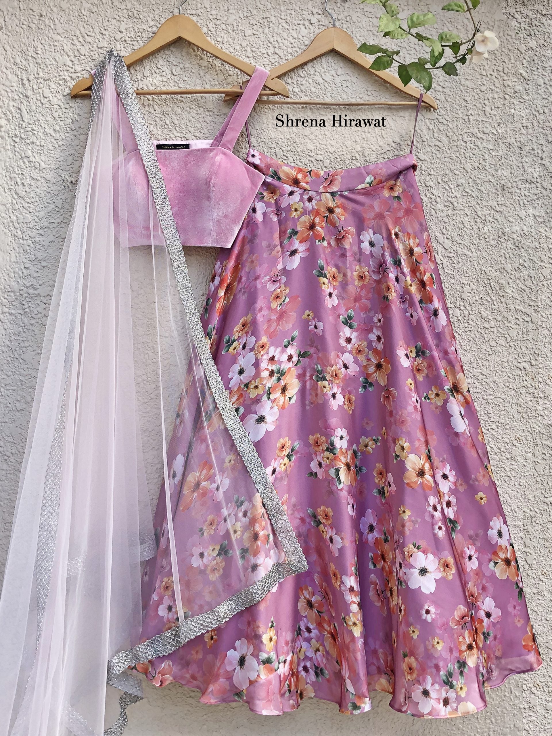 Pink Floral Skirt With Pink Velvet Blouse - S image