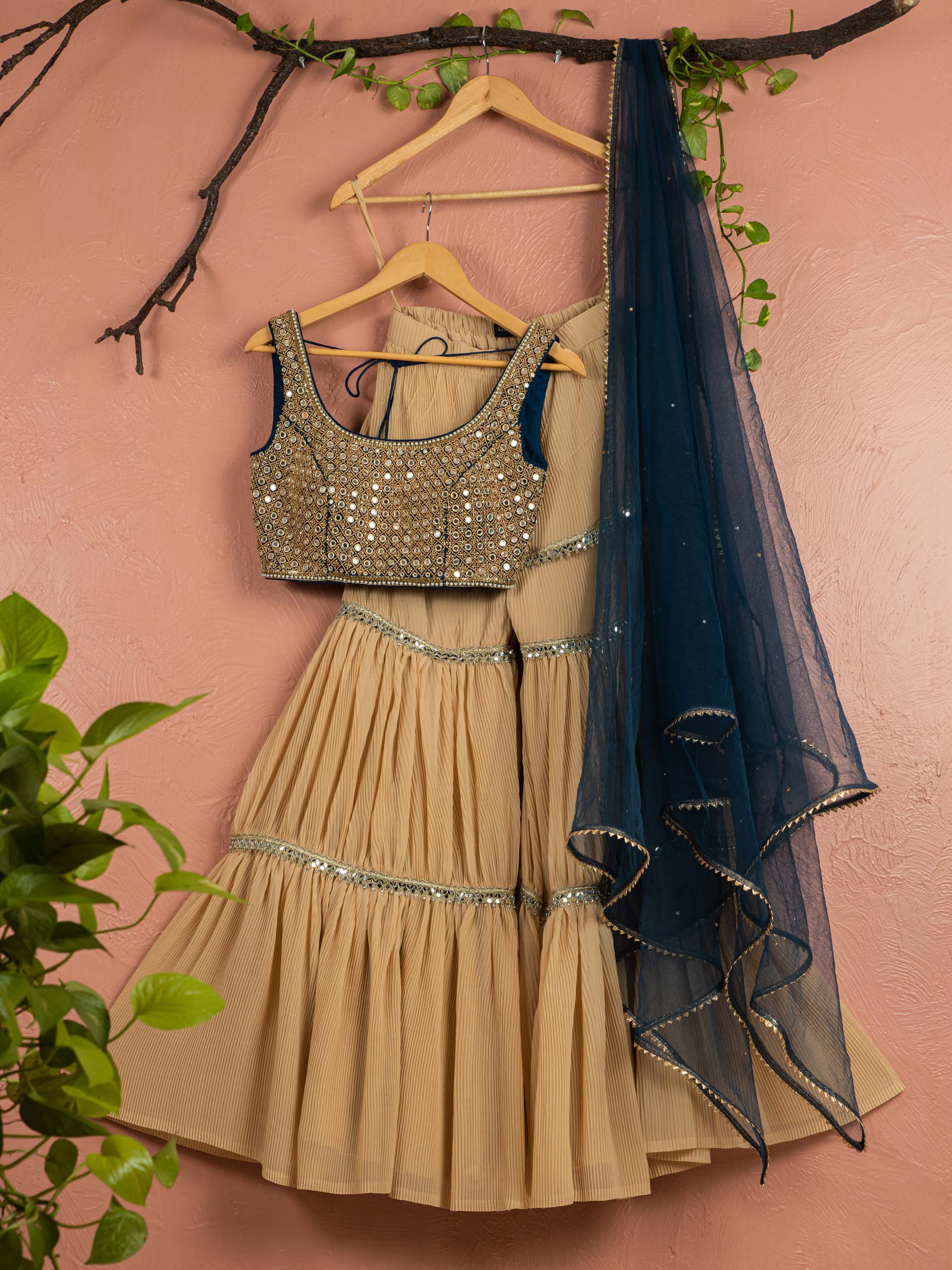 Midnight Blue and Beige Pleated Sharara Set - M image