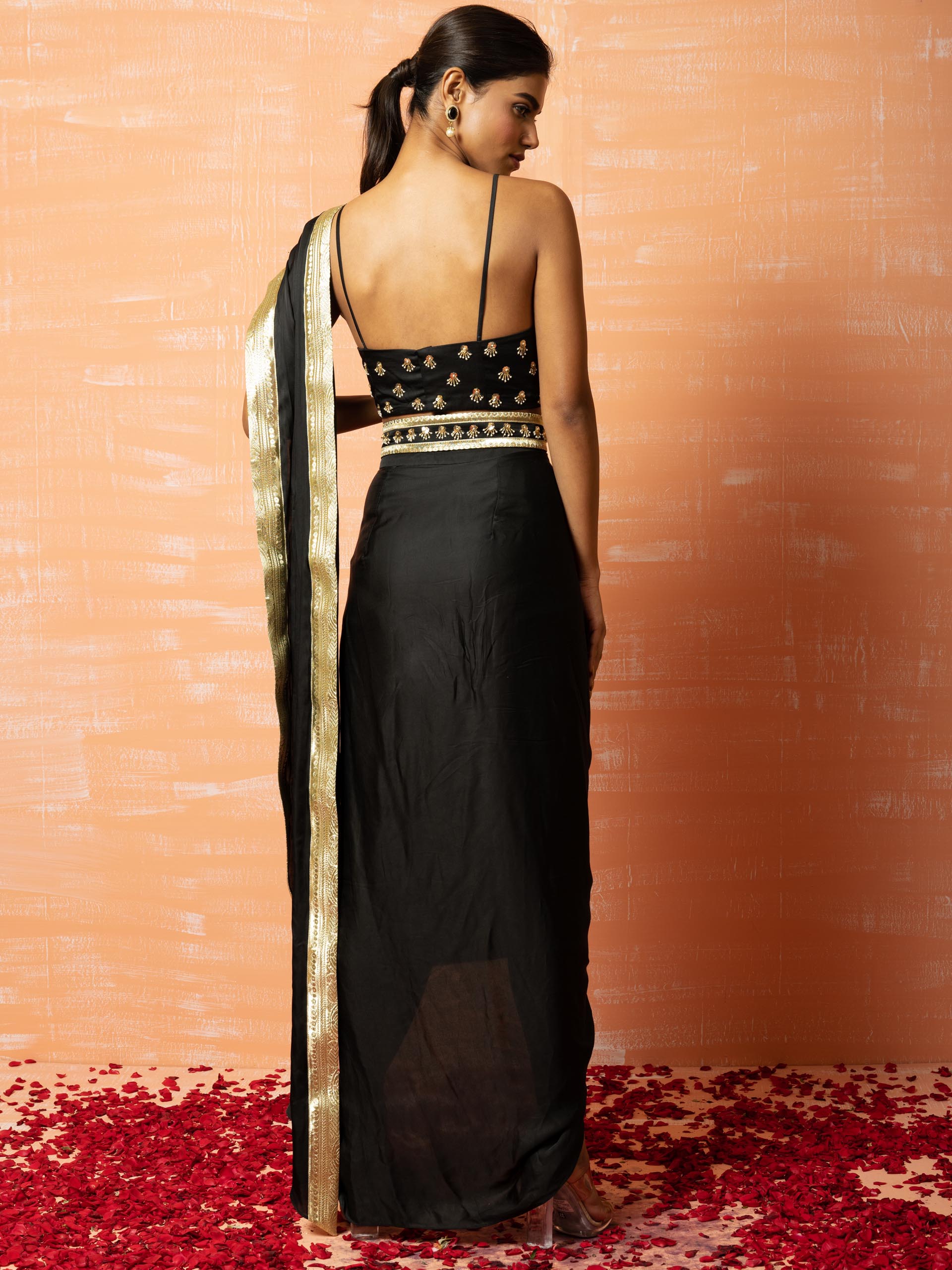 Black Pre Draped Dhoti Saree Set image 3