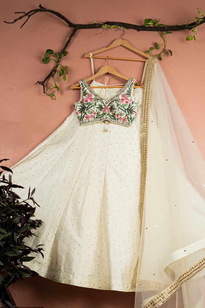 Tropical Bloom Blouse with Ivory Stonework Lehenga Set - S image