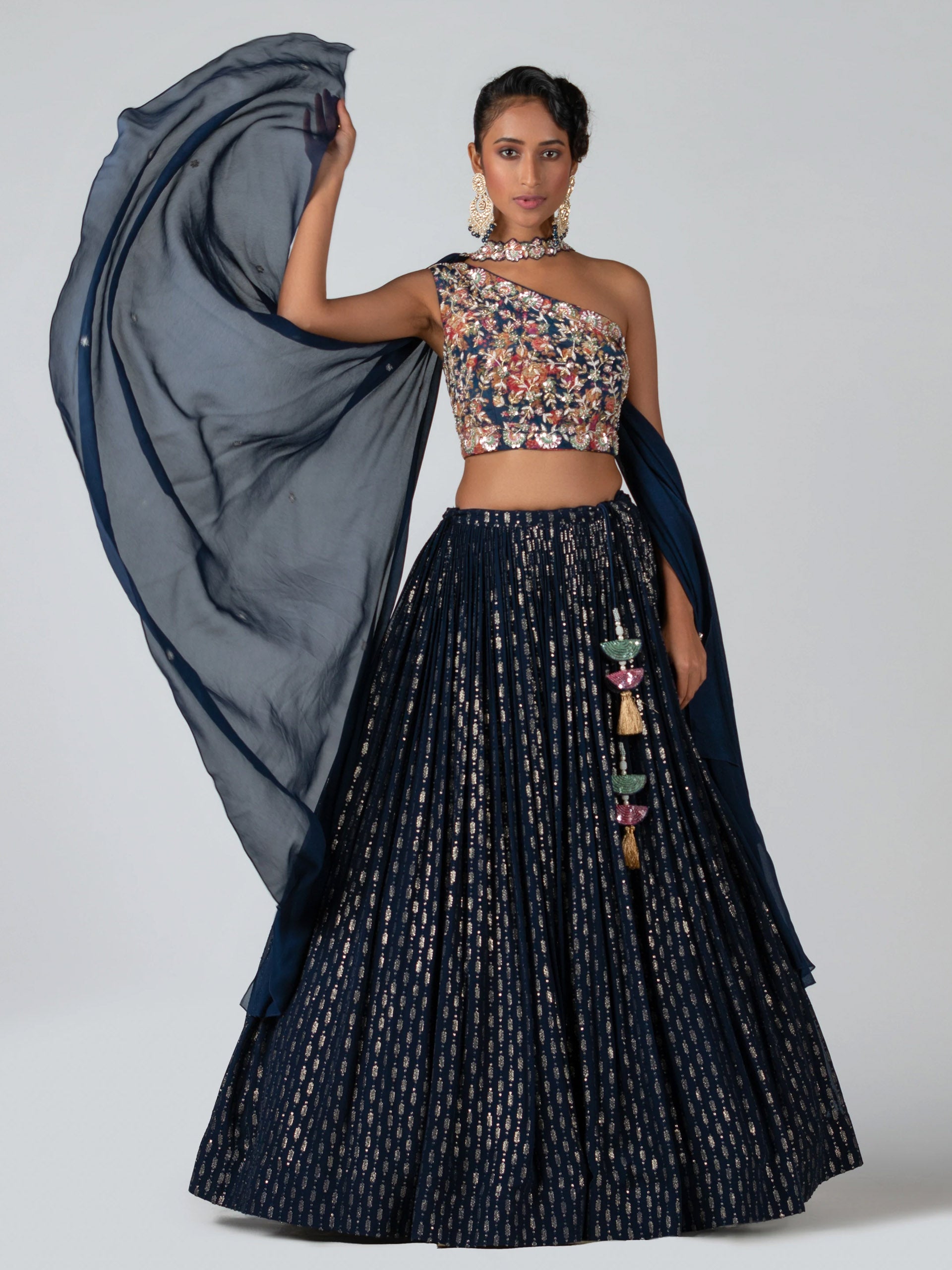Midnight Blue One Shoulder Lehenga Set - XL image