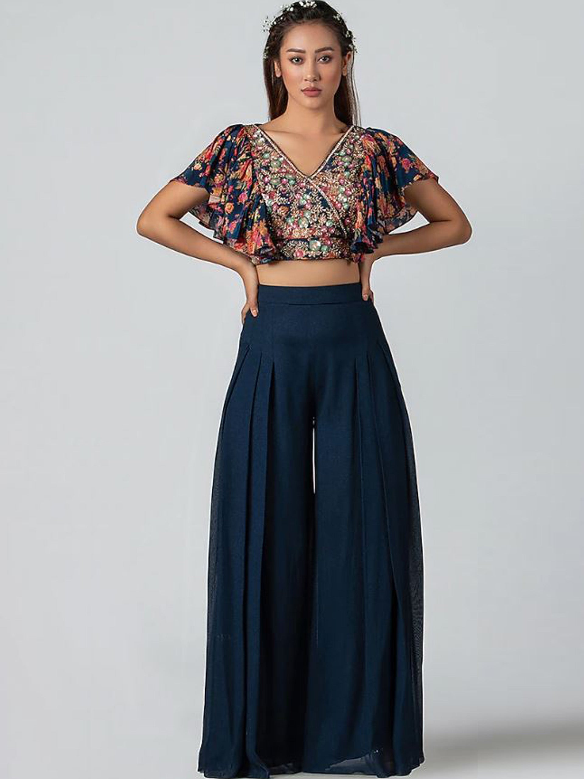 Dark Blue Ruffle Flared Pant Set - M image