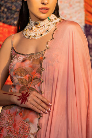 Coral Pink Embroidered And Printed Sharara Set image 3