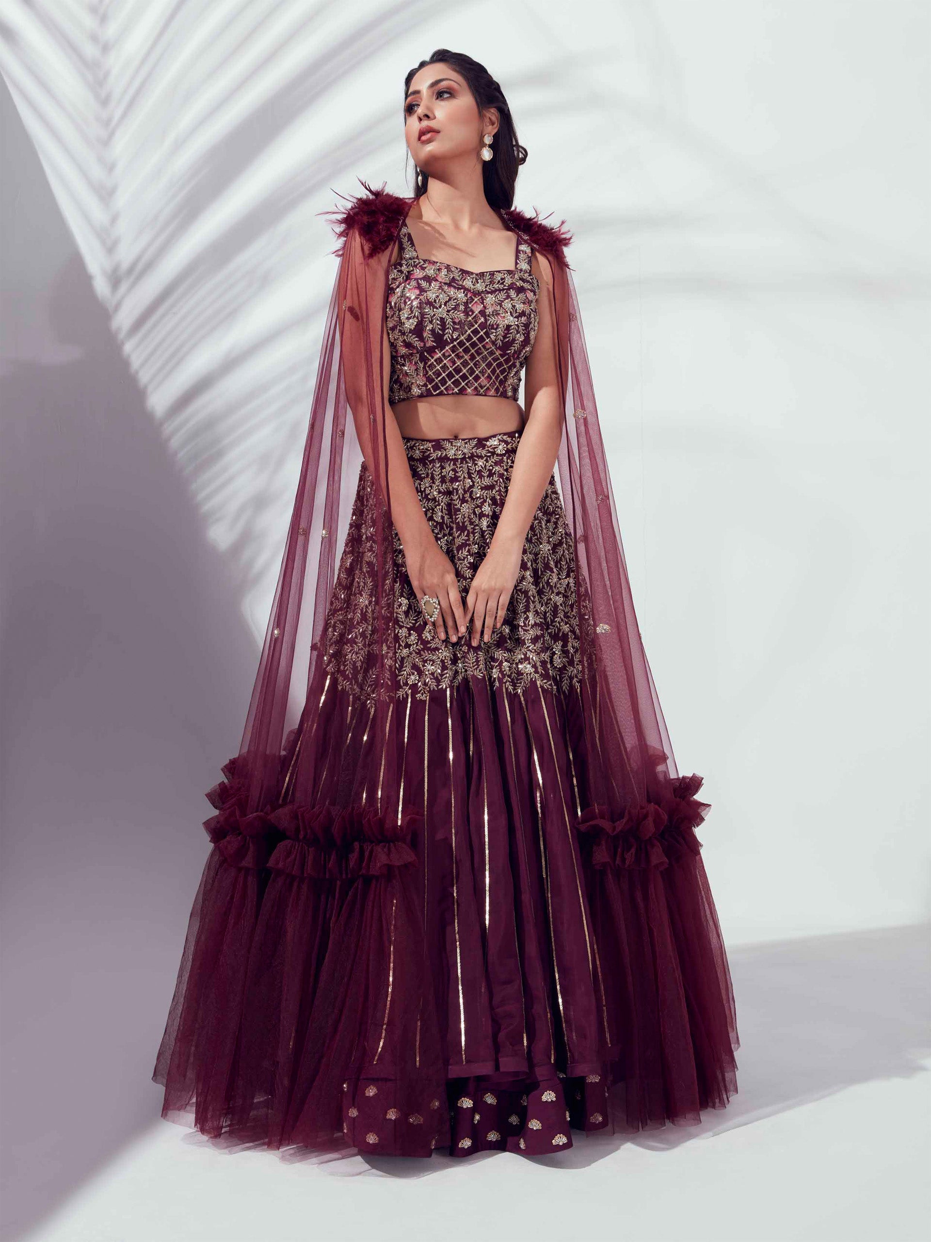 Wine Lehenga Paired With Cape Dupatta - XL image