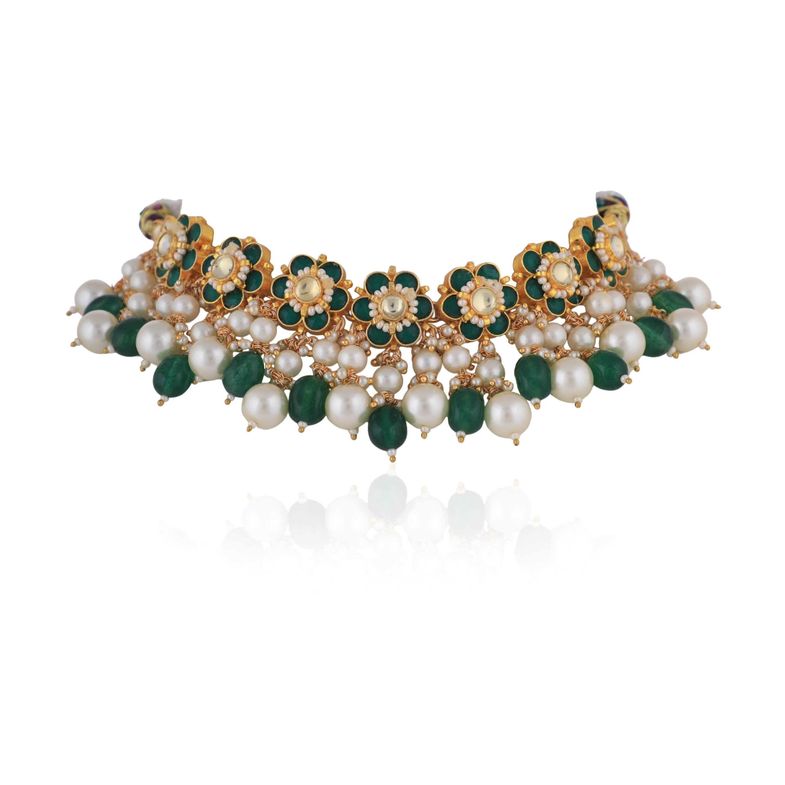 Green Emerald Beads And White Pearl Choker Set image 2