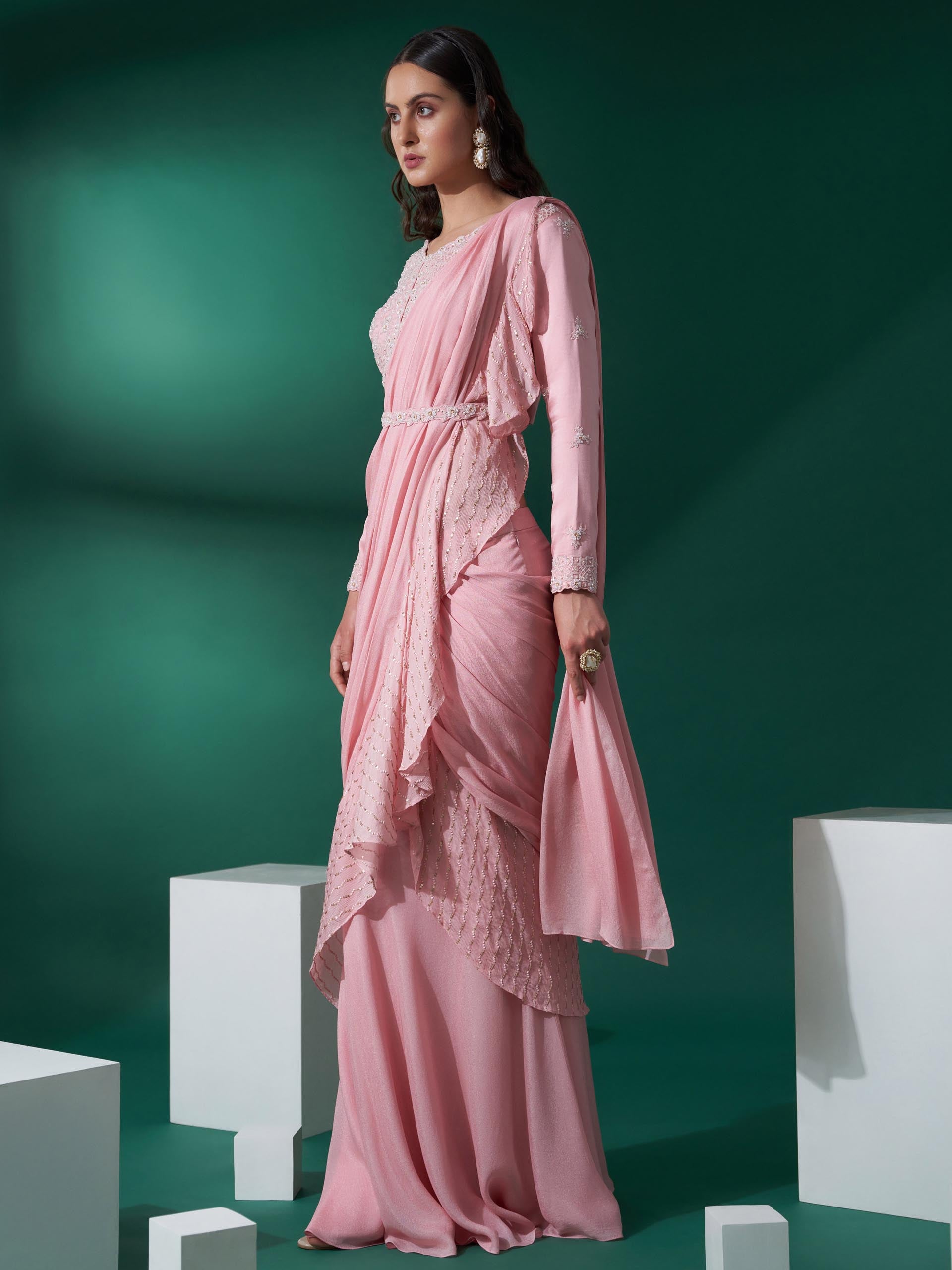 Light Pink Pre Draped Saree Set image 4