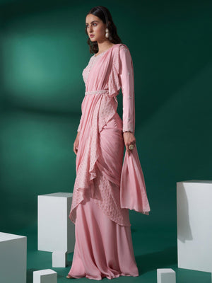 Light Pink Pre Draped Saree Set image 4