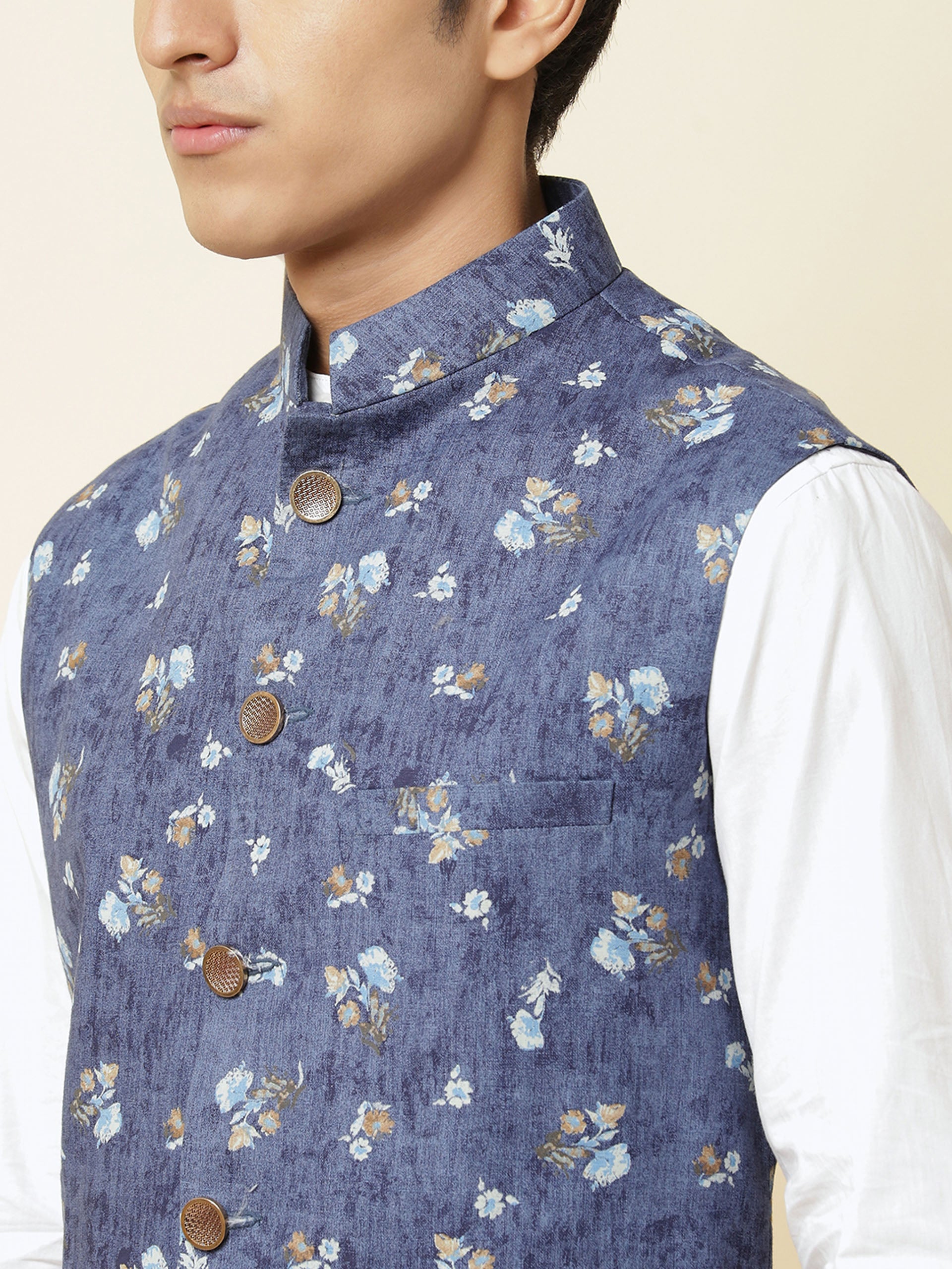 Blue Floral Print Bundi Jacket image 1