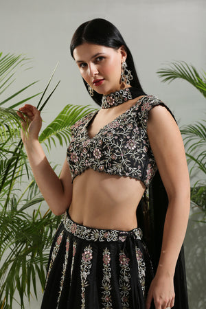 Black Thread and Mirror Hand Embroidered Lehenga Set image 6
