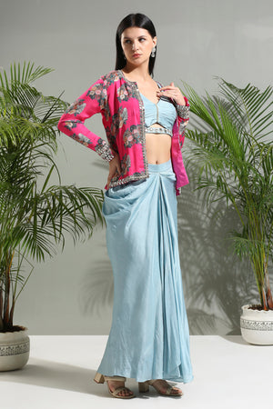 Grey Top and Skirt Set With Fuchsia Jacket - L image