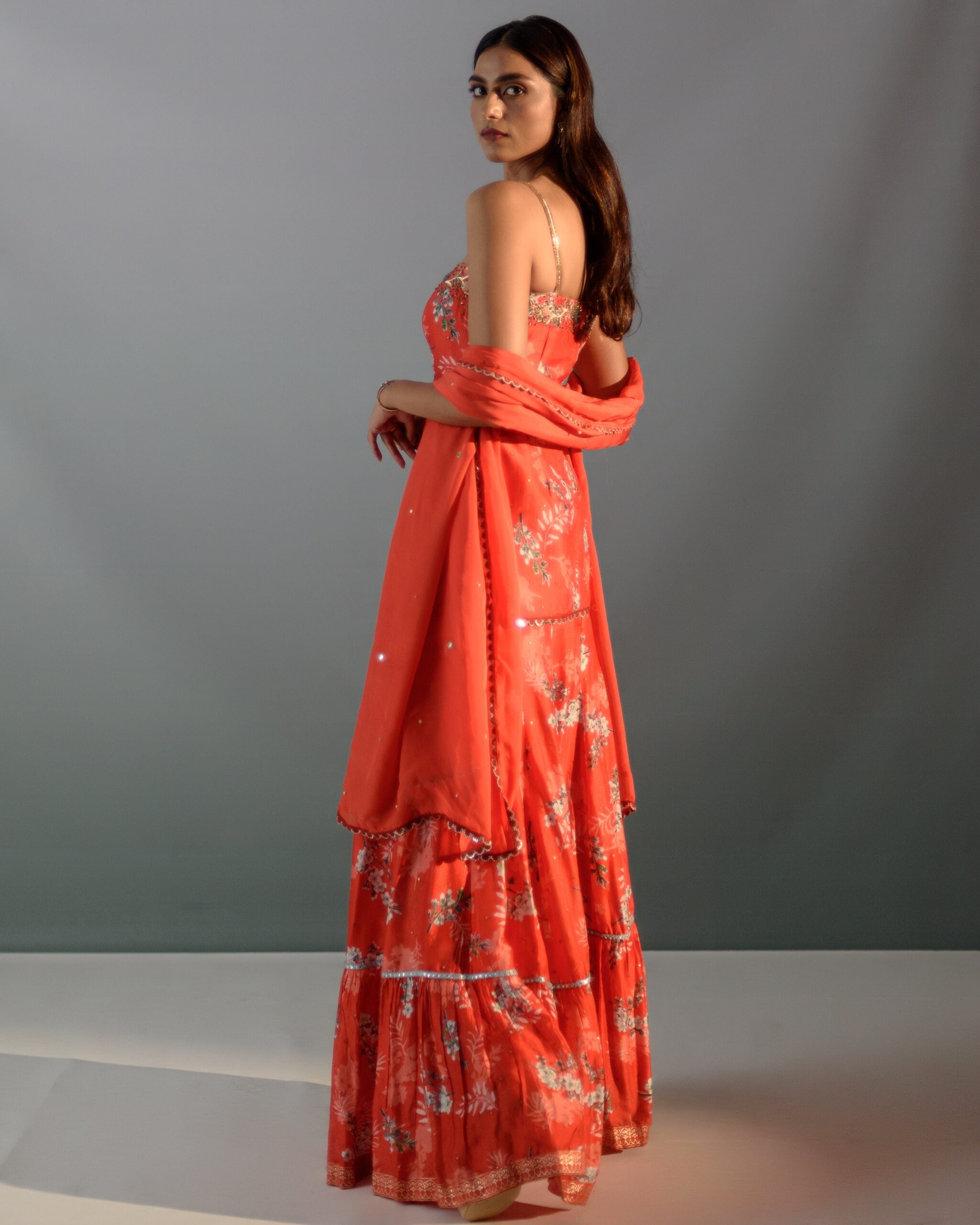 Scarlet Red Floral Detail Sharara Set image 3