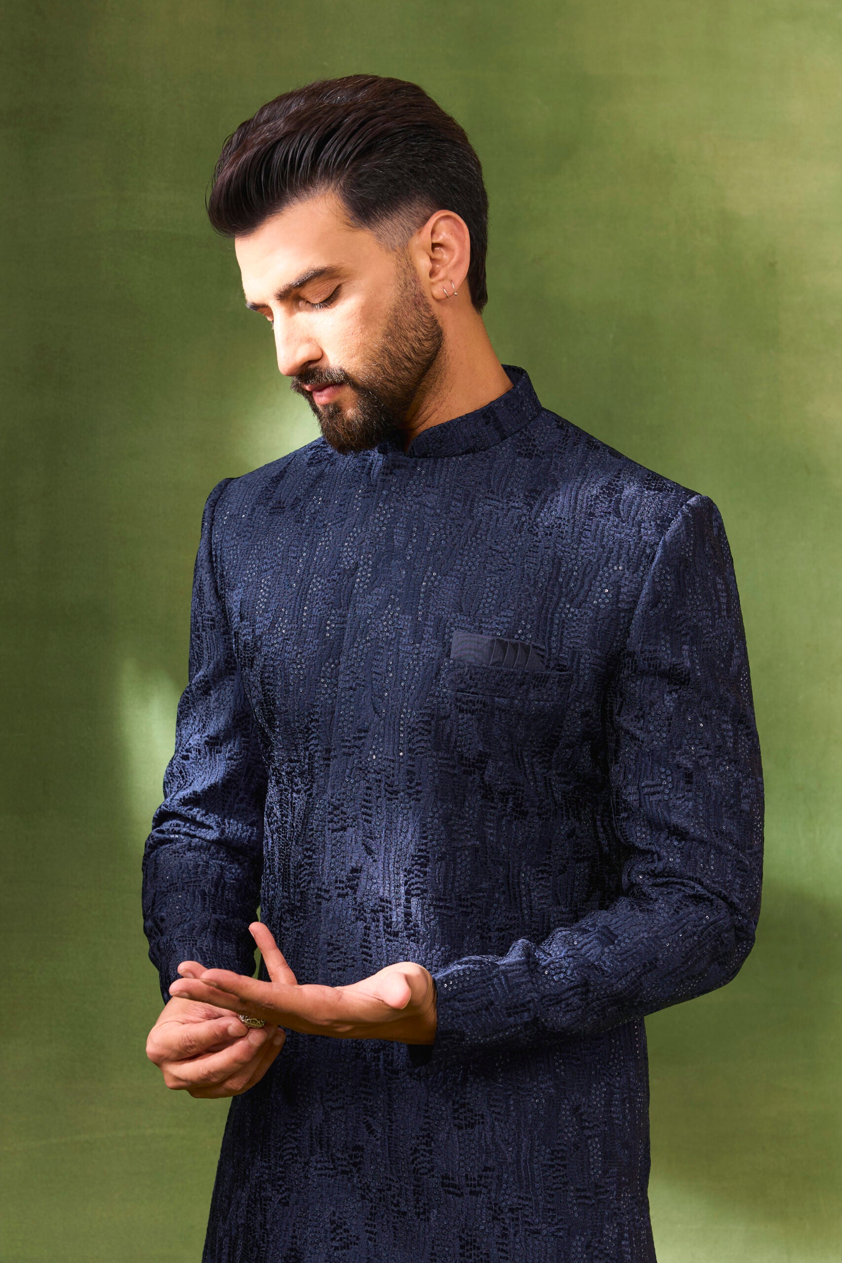 Dark Navy Sequin Embroidered Sherwani Set image 1