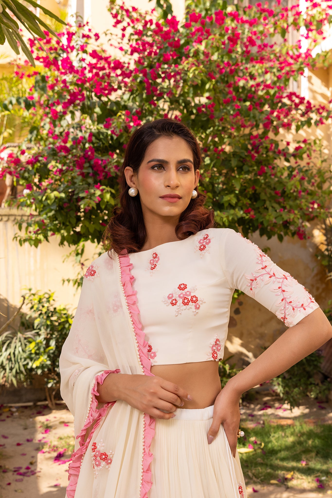 Floral Off-White Thread Embroidered Lehenga Set - XL image