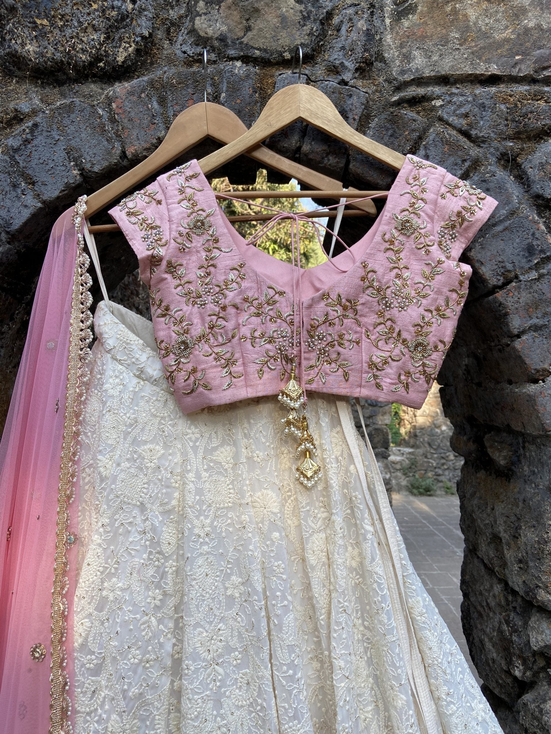 Ivory and Pink Lucknowi Lehenga Set image 2