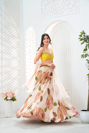 Baby Pink hand painted lehenga and embroidered  Yellow blouse set image 7