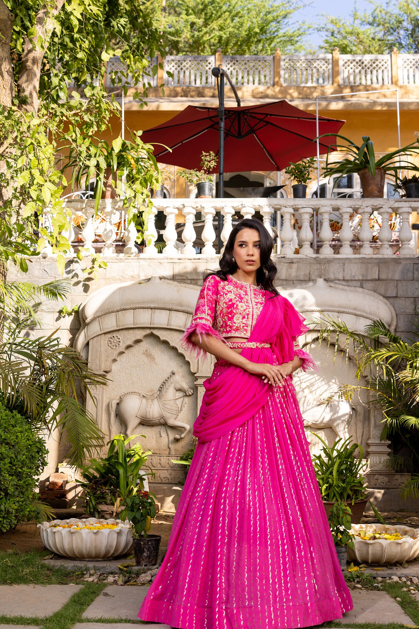 Pink Flair Sleeve Georgette Embroidered Lehenga Set - XL image