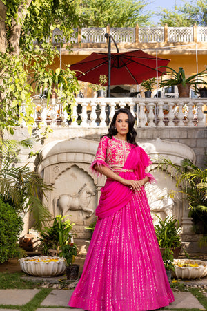 Pink Flair Sleeve Georgette Embroidered Lehenga Set - XL image