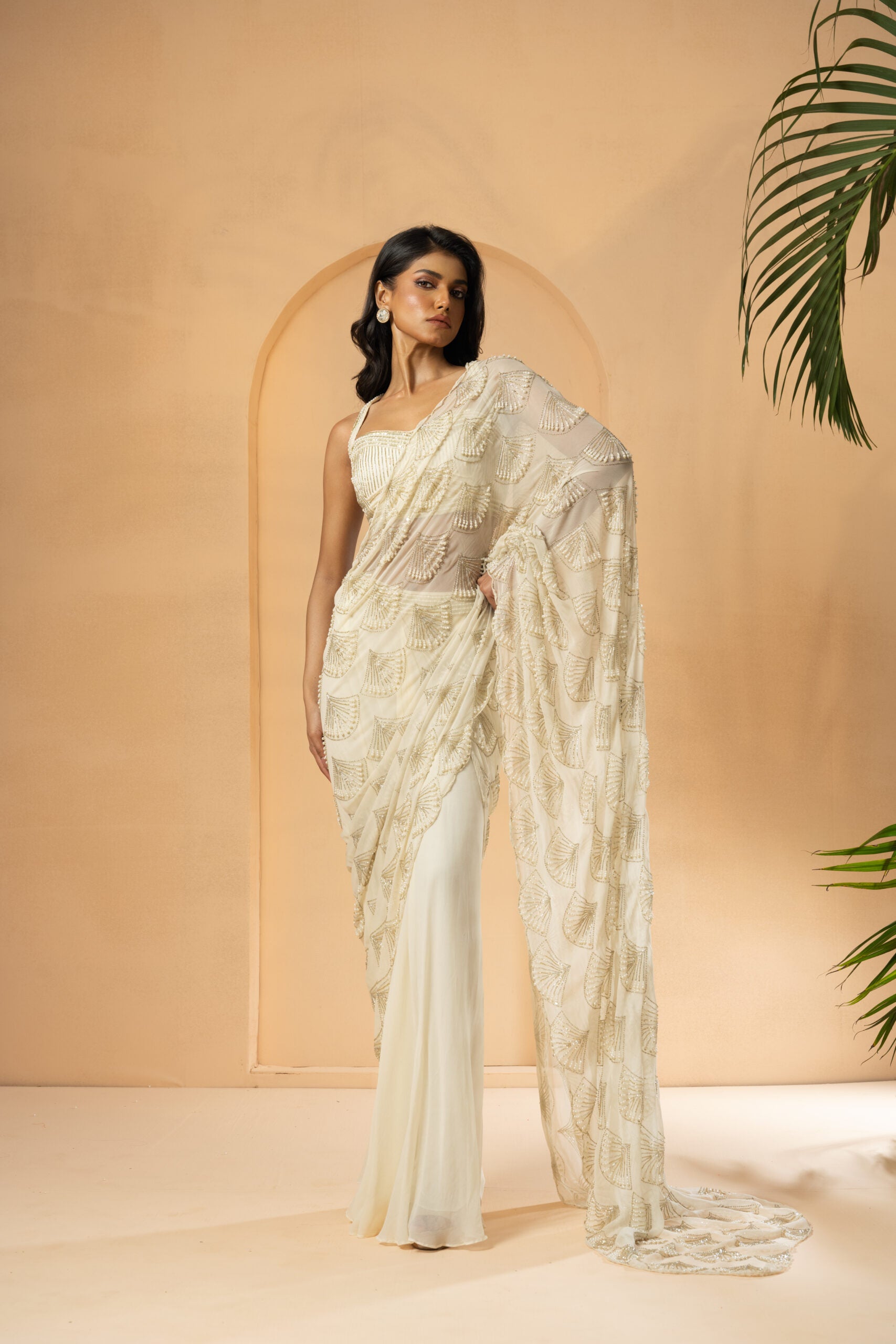 Ivory Sequin Drape Saree - Custom image