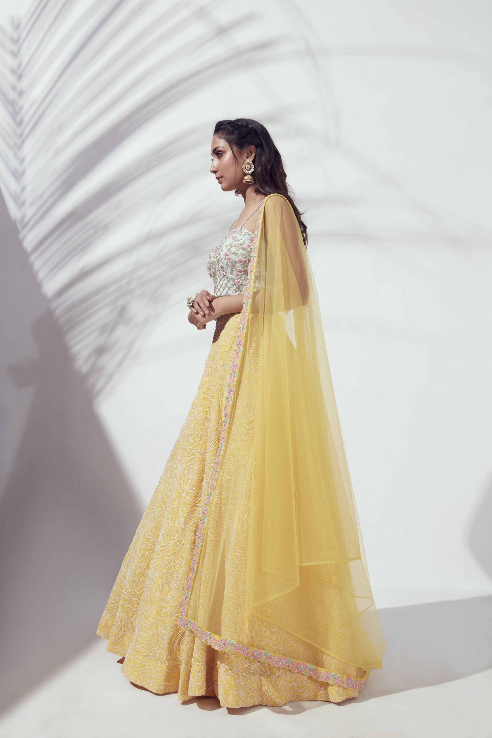 Sunflower Lehenga with Sea Green Bustier image 4