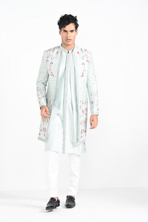 Ice Blue Multicoloured Geometric Motif Achkan Set image 9