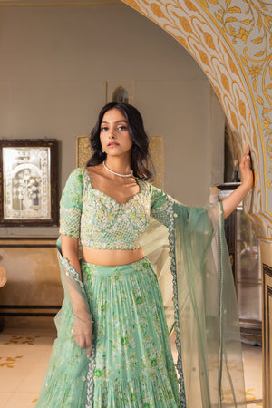 Green Embroidered Georgette Crepe Layered Lehenga Set image 4