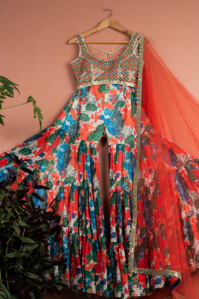 Floral Fiesta Sharara With Kalidescope Mirrorwork Blouse Set - XS image