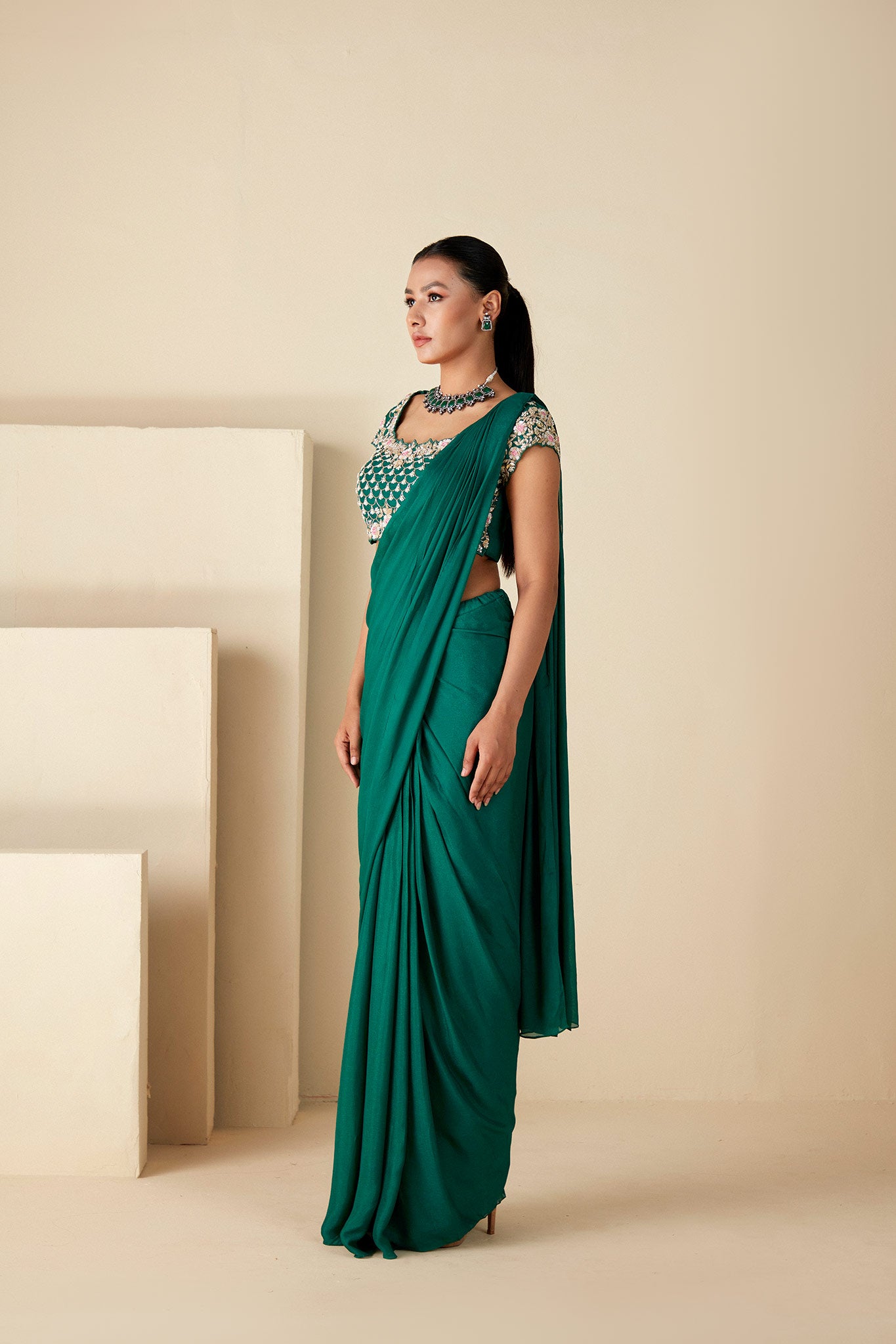 Green Embroidered Pre-Drape Saree image 5