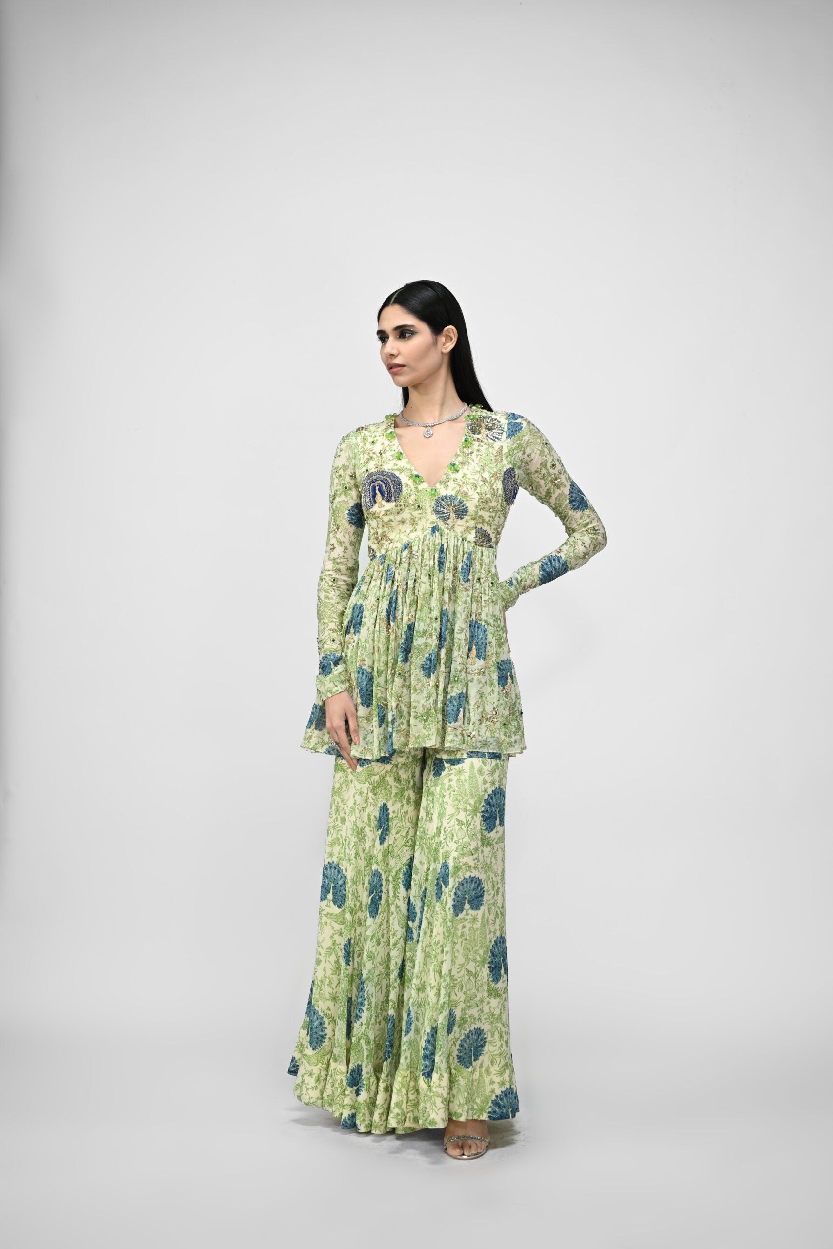 PEACOCK HIGHLITED PEPLUM KURTA PAIRED WITH PEACOCK SHARARA PANTS image 2