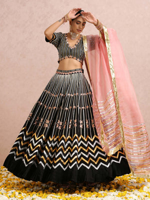 Black Embroidered Stripe Lehenga Set image 5