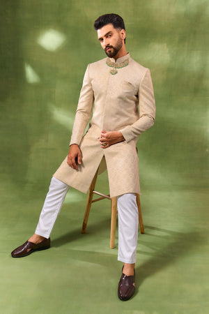 Cream Jacquard Embroidered Sherwani Set image 1