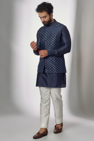 Navy Embroidered Nehru Jacket with Kurta Set - M image