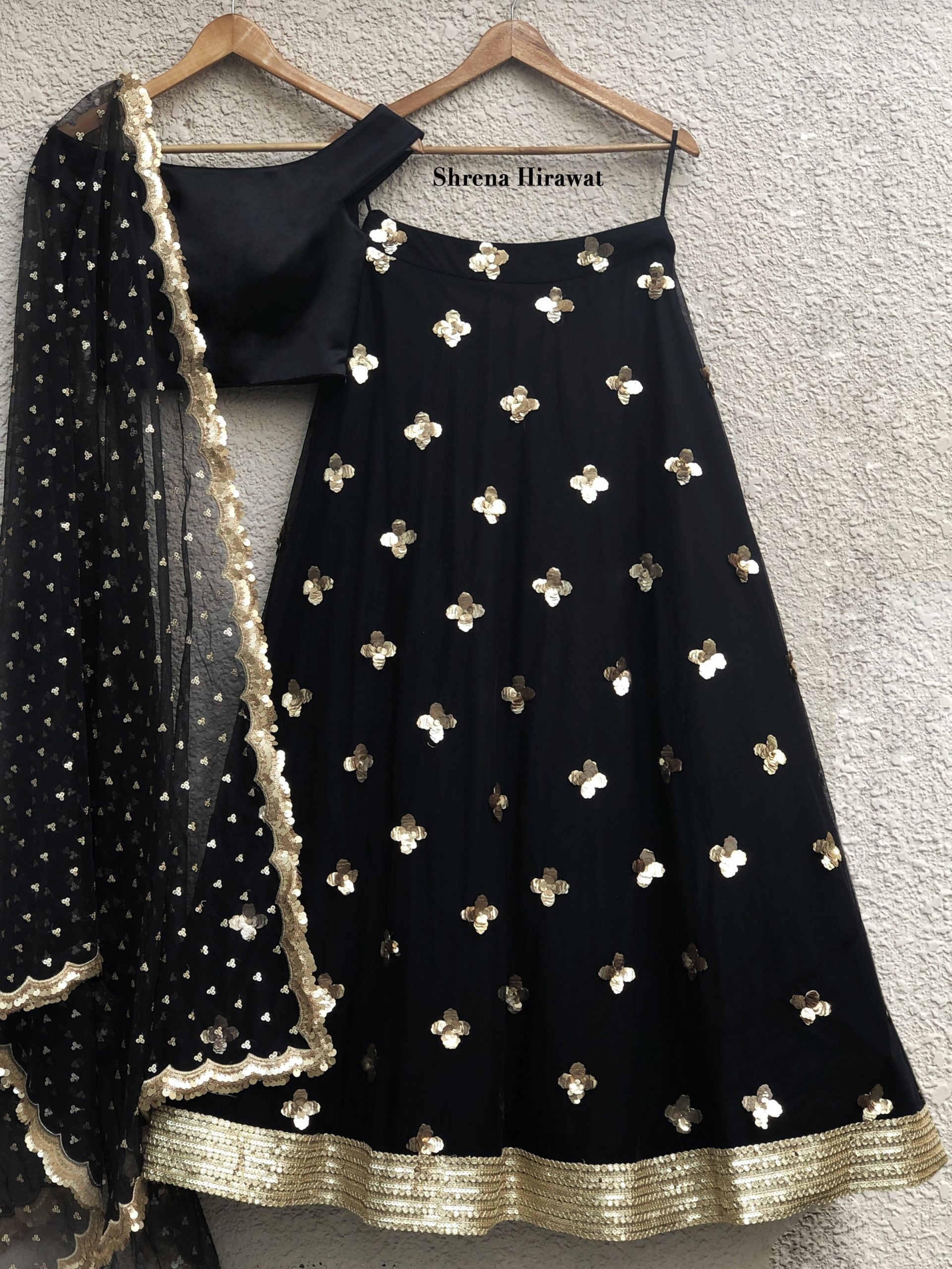 Black Satin Off-Shoulder Blouse with Black Gold Skirt - XS image