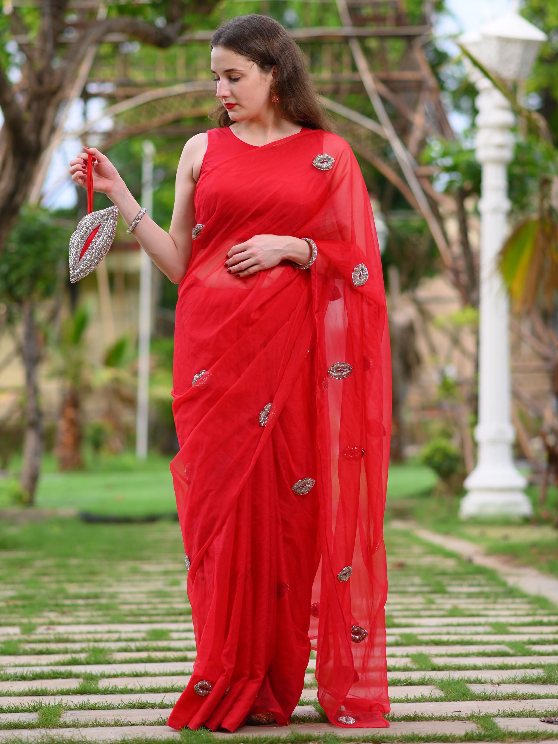 Red Lip Saree Set image 1