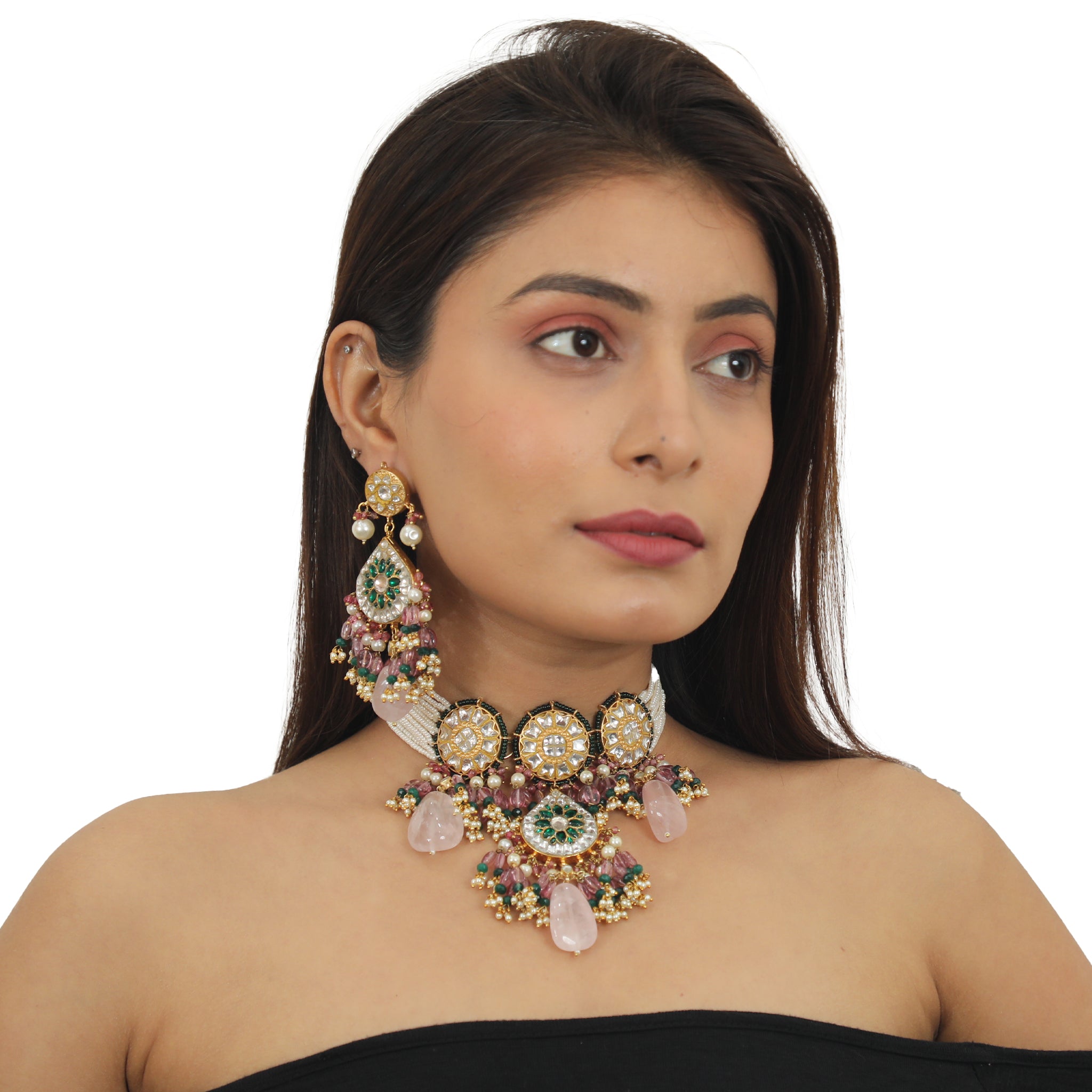 White And Green Stone Chokers Necklace Set image 6