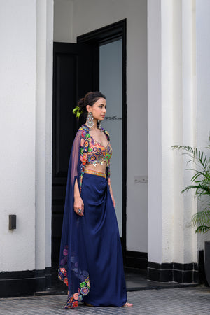 Iris Highlighted Bralette Paidawn Dhoti Skirt Set And Highlighted Applique Cape image 7