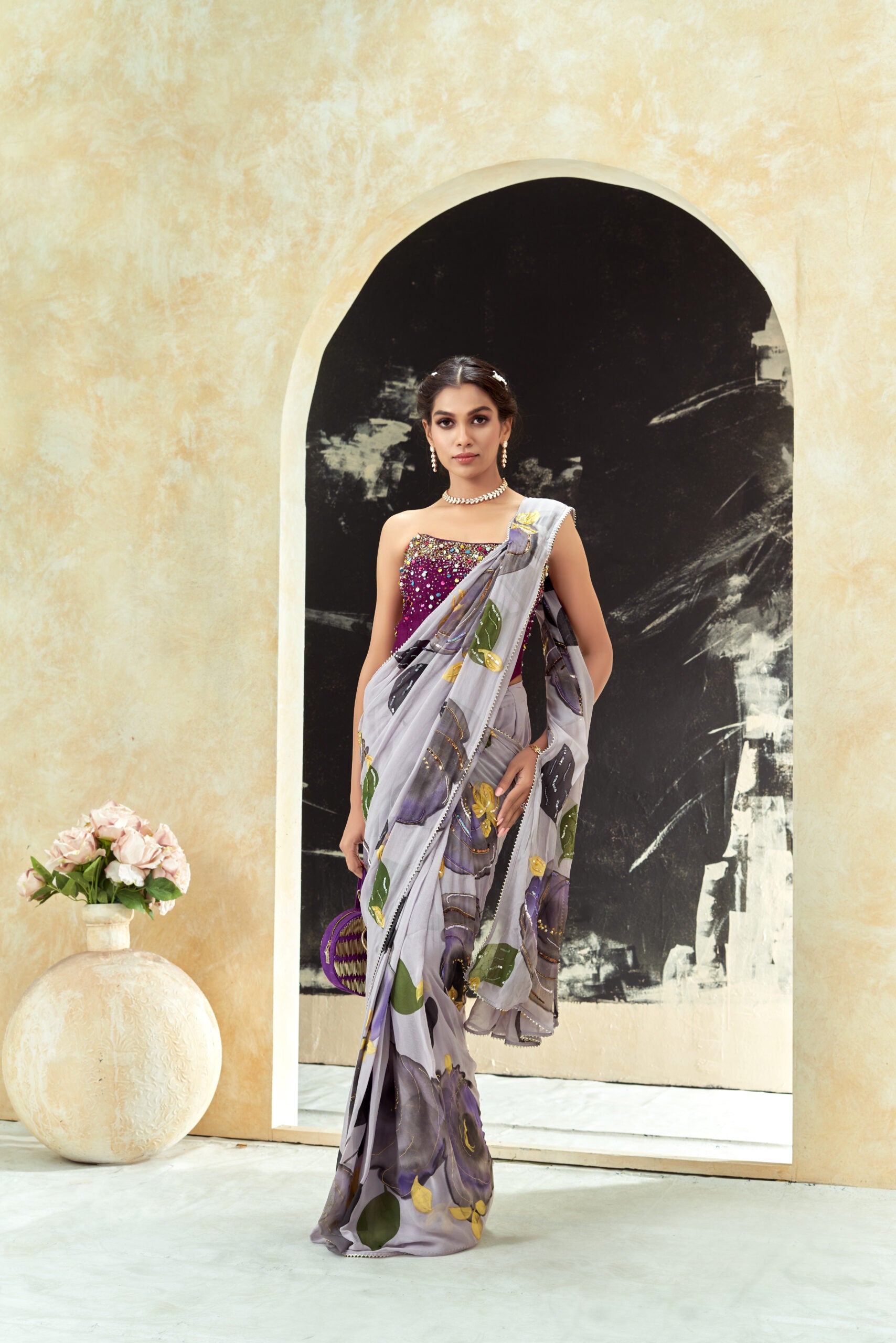 Periwinkle hand painted saree and corset set image 0