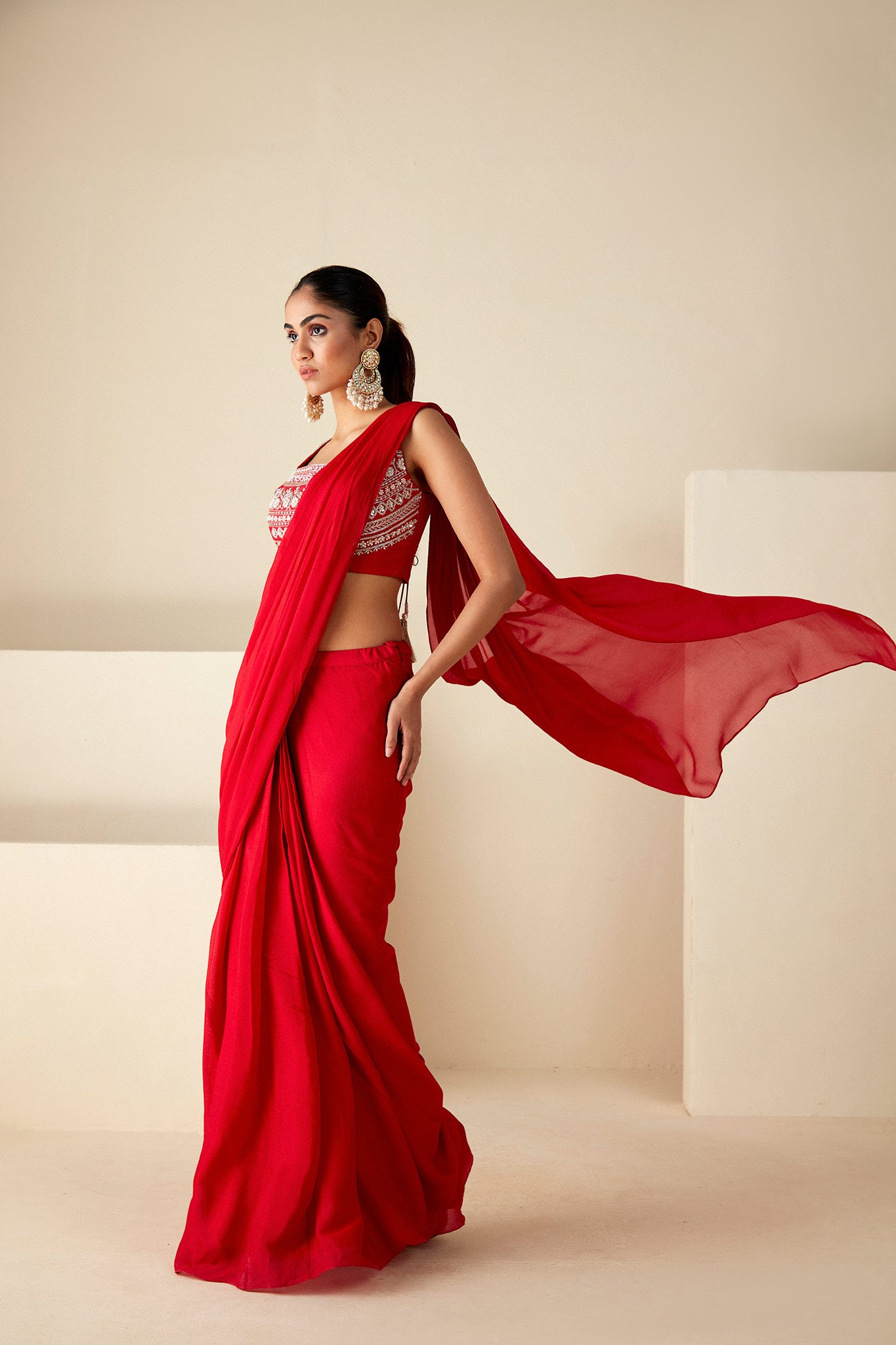 Red Pre-Drape Saree Ensemble image 4