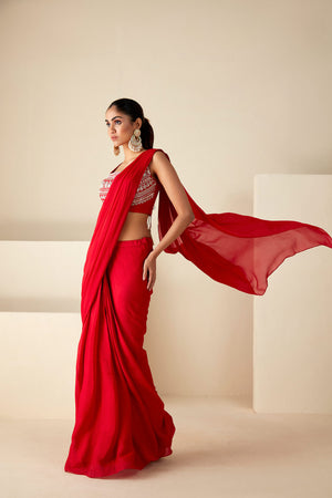 Red Pre-Drape Saree Ensemble image 4