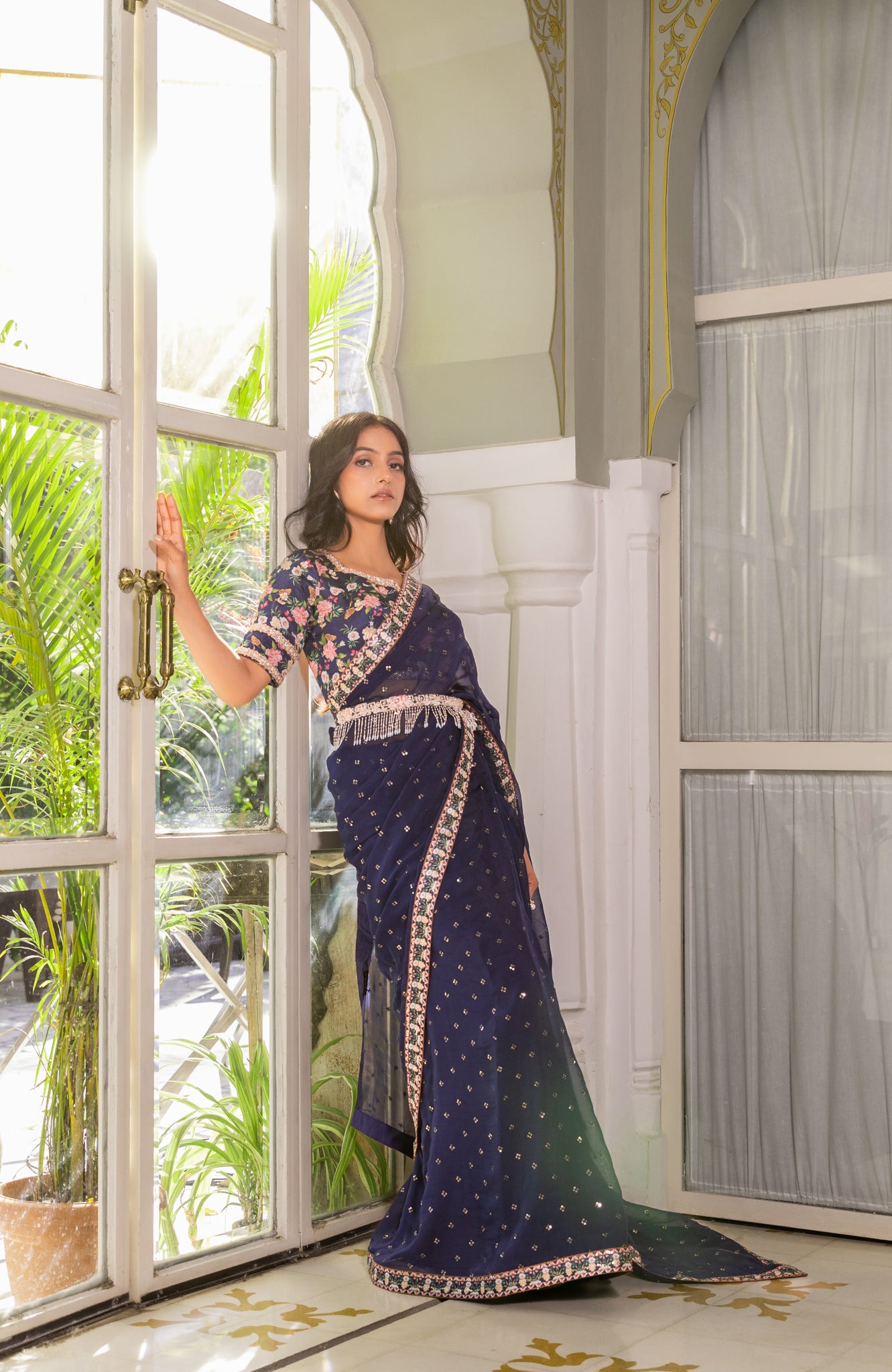 Navy Blue Embroidered Saree Set image 2