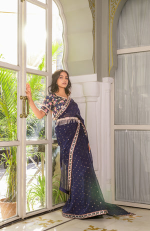 Navy Blue Embroidered Saree Set image 2