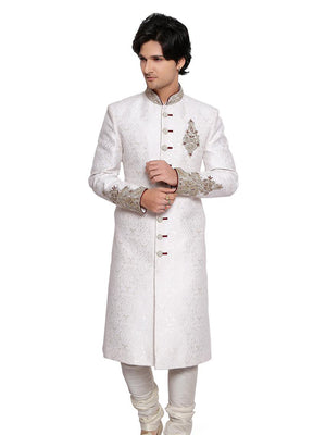 White Sherwani Set with Red Embroidered - Custom image
