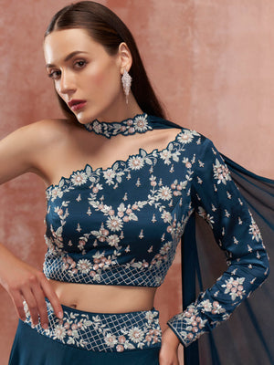 Teal Blue One Shoulder Lehenga Set image 3