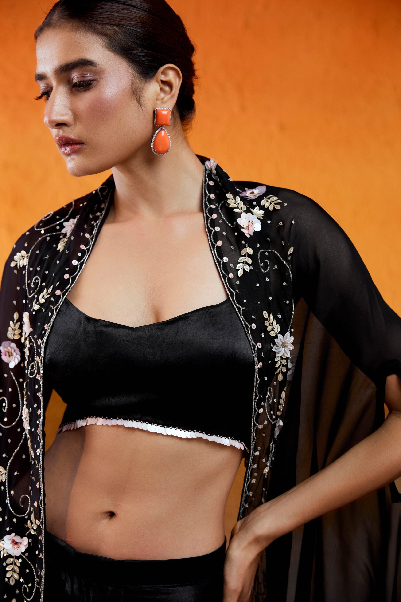 Black Embroidered Drape Skirt Set with Cape image 2